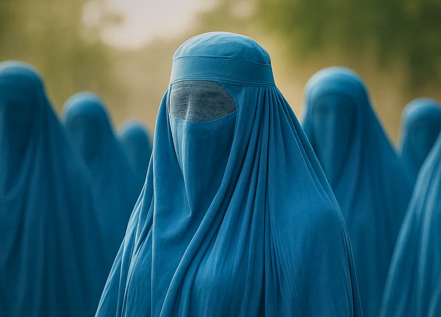 A group of women wearing full blue burqas walk through a dusty outdoor setting, their faces fully veiled, with only mesh eye screens visible.